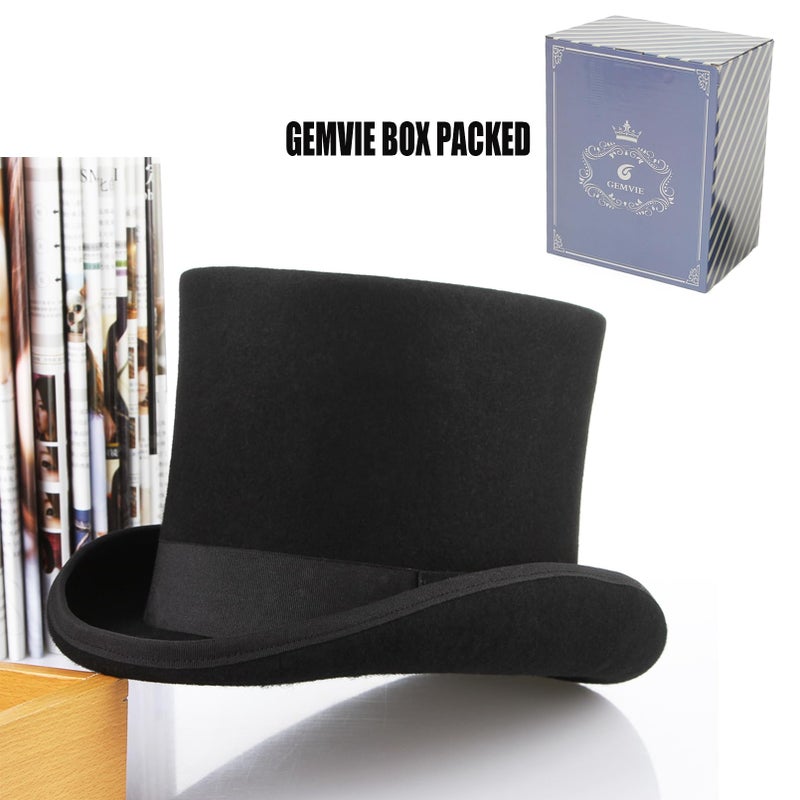 GEMVIE Men 100% Wool Mad Hatter Satin Lined Black Top Hats 6.7" High Topper Hat - Image 5